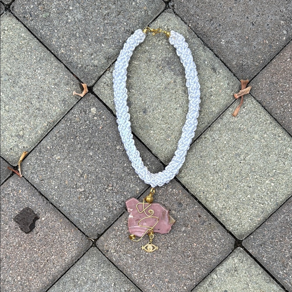 Pink Stone Slab and Gold Wire Pendant